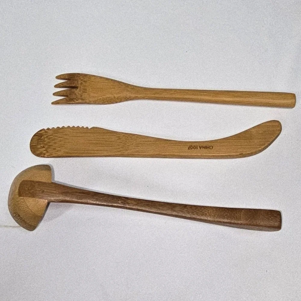 Pampered Chef Bamboo Utensil Set 3 Piece Ladle Spreader Fork Brown Wood 1007